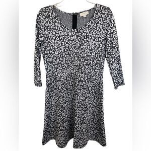 Loft Black/White Animal Print 3/4 Sleeve Knit Fit & Flare Dress Size 6P